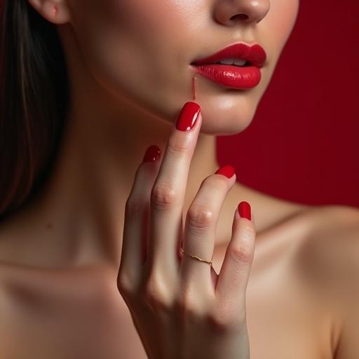 Close-up of a beautiful woman with red polished nails and subtle drops of perspiration on her skin.
