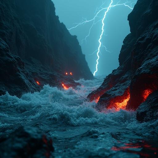 Cinematic underwater scene representing Earth four billion years ago. Dark turbulent ocean with glowing volcanic vents. Bubbles and bioluminescent particles present. Tiny microorganisms emit faint glows. Lightning strikes visible above. Dramatic and mysterious atmosphere with rich textures.