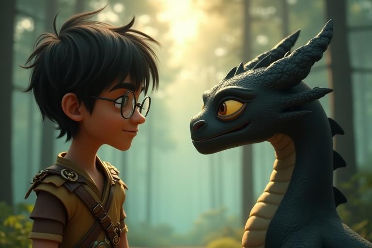 A close-up shot of a boy with glasses and a dragon looking at each other. Setting is a misty pine forest with sunlight beams. Colors are soft teal and warm gold with fog effects. Characters have expressive faces and realistic textures.
