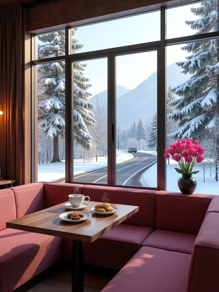 A beautiful coffee shop interior showcases modern designer sofa chairs. Tables display pink tulips, a coffee cup, and pastries. Dark maroon wooden decor adds elegance. The large glass window reveals snow-covered trees and mountains with cars on the road.