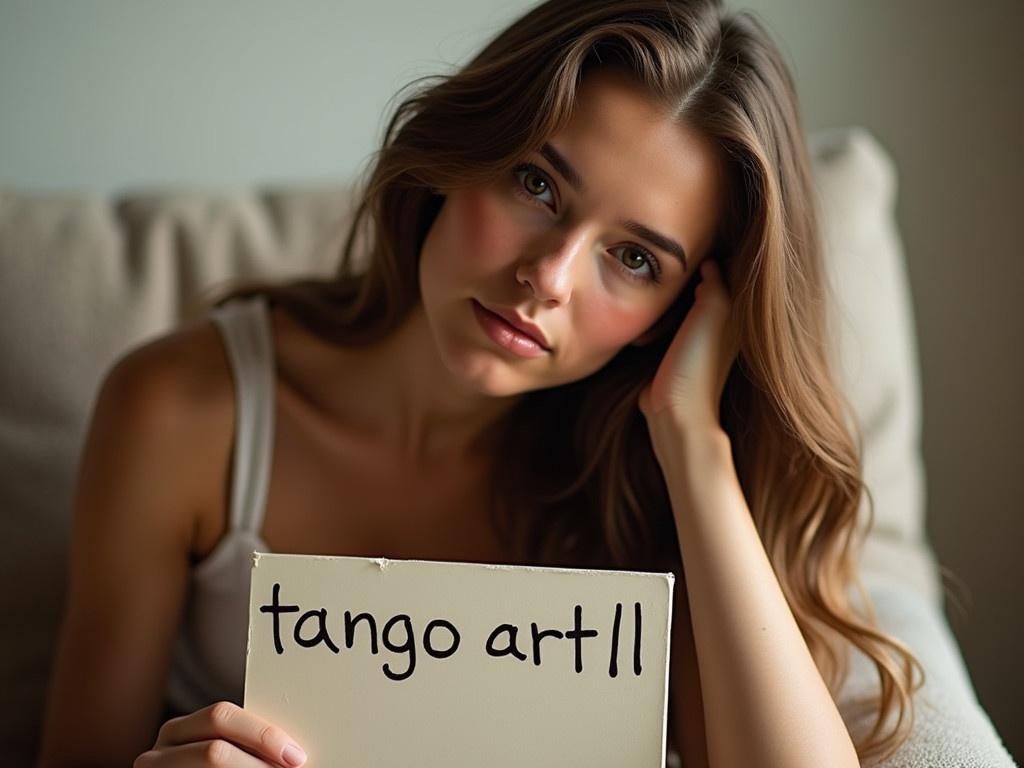 The image features a girl with long, flowing hair, partially turned to the side. She is seated comfortably, her bare shoulder visible, exuding a relaxed and casual vibe. Her arm rests near her face, enhancing the sense of intimacy in the shot. In the lower right corner of the image, she is holding a handwritten sign that reads 'tangoart11', adding an artistic touch to the composition. The background is softly lit, creating a warm and inviting atmosphere. The overall tone of the image is serene, focusing on the subject in a natural setting.