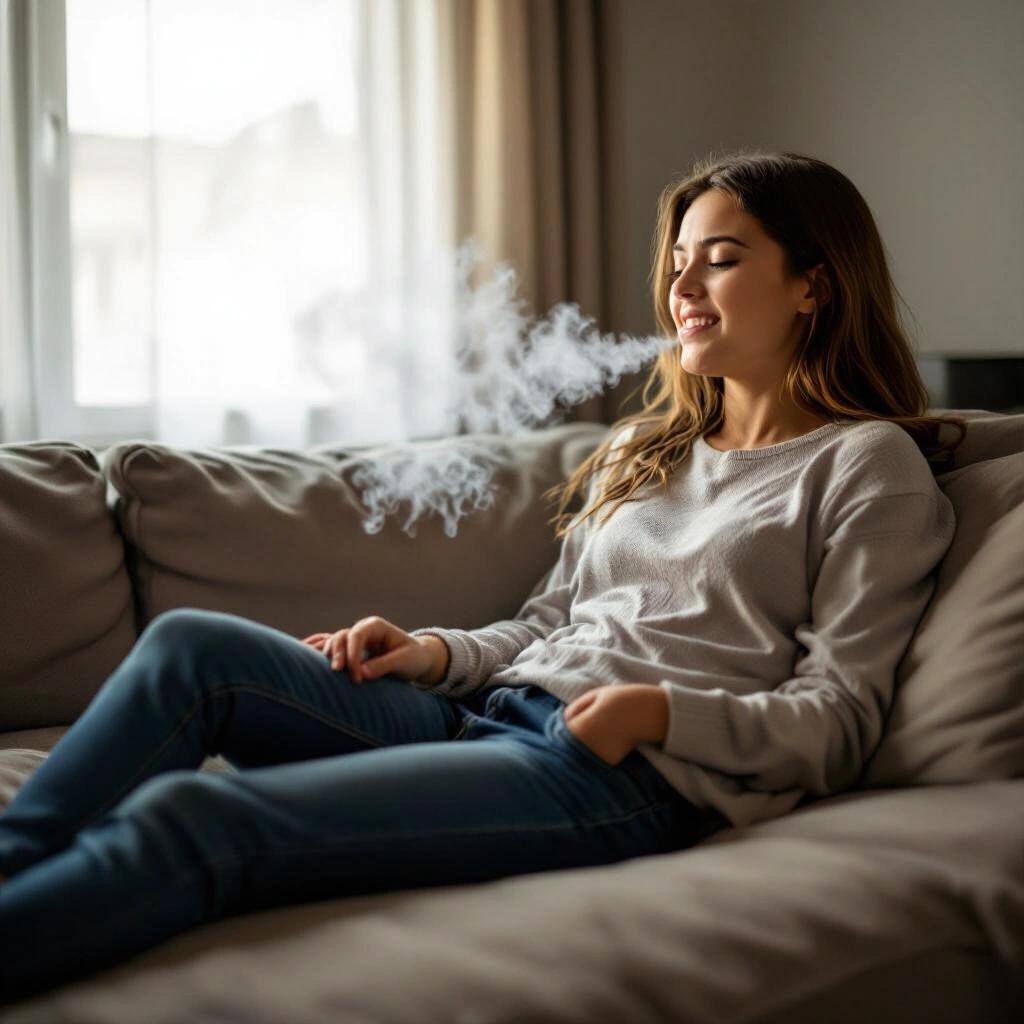 A girl sitting on a couch in a relaxed position. She is exhaling vapor with a serene expression. The room has light streaming in from a window. The atmosphere feels cozy.
