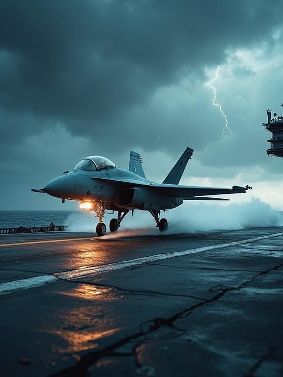 Dramatic scene fighter jet landing on aircraft carrier during storm. Dark sky with lightning and thunder. Waves crash on carrier as jet struggles to stabilize. Fast cuts pilot focused eyes shaking controls crew emergency. Jet approaches landing strip hooks cable at last second. Slow motion cinematic lighting enhances suspense.