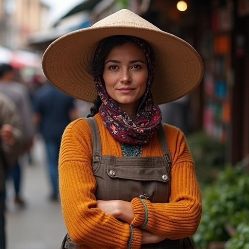 Chilean woman at market wearing hat and scarf. Engaged in conversation with shoppers. Colorful stalls in background. Natural settings with lively atmosphere.