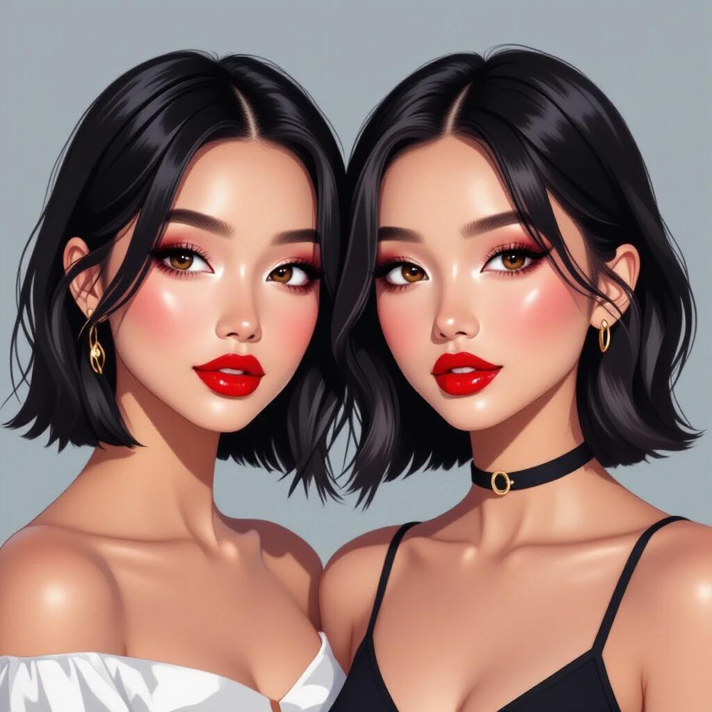 Two girls with black short hair and red lips. One has a seductive smile, both have glossy lips. They have white highlights at the bottom of their hair.