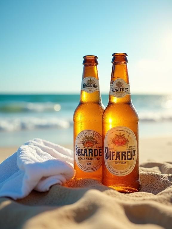 Bottles of beer on sandy surface with white towel. Labels are clear showcasing beer details. Background is ocean waves and clear blue sky indicating beach setting and sunny day.