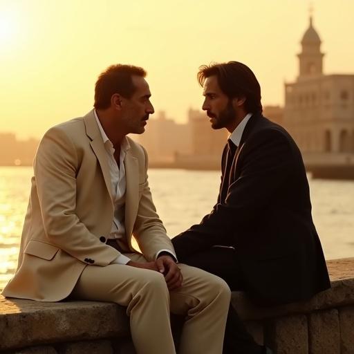 Dramatic cinematic scene of two men talking at Alexandria's Corniche during sunset. One man in cream suit shows deep expression. The other in black suit holds briefcase, his profile sharply defined. Background features blurred Mediterranean waves and Qaitbay Citadel silhouette. Lighting involves volumetric rays and soft cafe glow. Focus on mood with film grain texture.