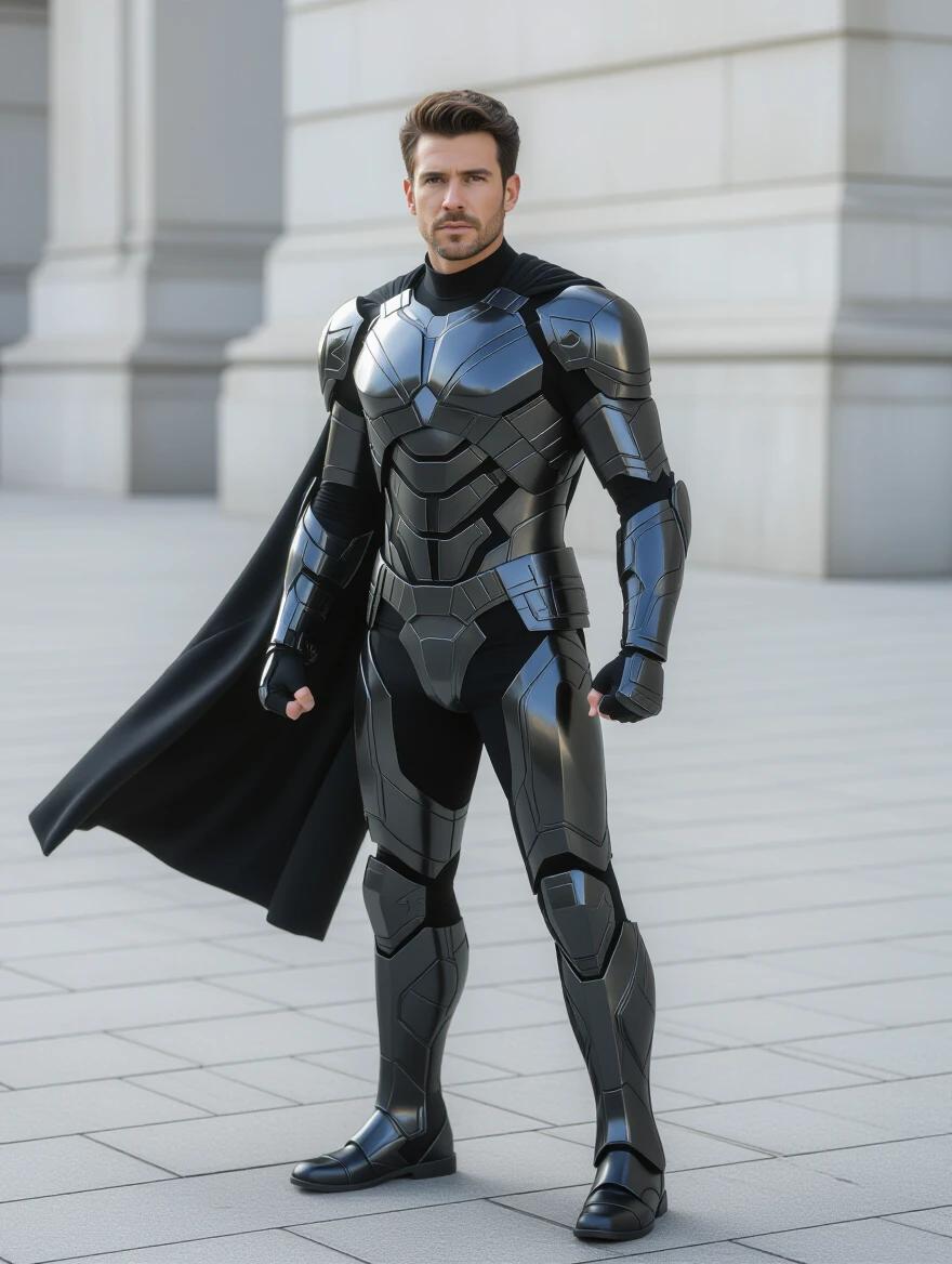 A handsome man stands confidently transformed into an armored superhero. The sleek suit reflects light and creates a striking silhouette. The pose expresses heroism in a professional setting. The photograph captures high contrast tones and cinematic quality.