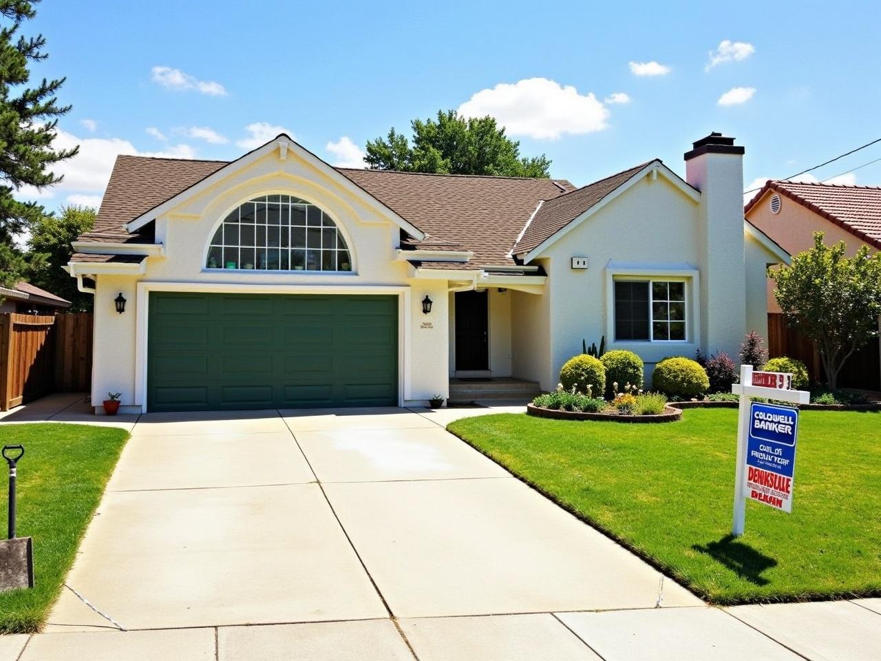 The image shows a charming house with a unique architectural style. In front of the house, there is a for-sale sign that indicates it's listed with Coldwell Banker Realty. A two-car concrete driveway leads up to the house, providing ample space for parking. The lawn is green and well-kept, and there are some shrubs and trees around the yard. The sky looks clear with a few clouds, adding a nice backdrop to the scene. There appears to be some gardening tools on the ground, indicating some maintenance might be underway. The overall setting feels welcoming and inviting.