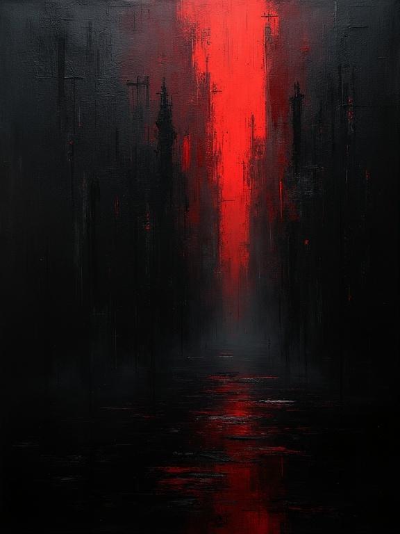 Digital oil painting featuring harsh brush strokes. Background is completely black with unique and absurdist elements. Flat colors create a minimalist style. Shifting voids of color are present along with shadows and layers of cubist white noise.
