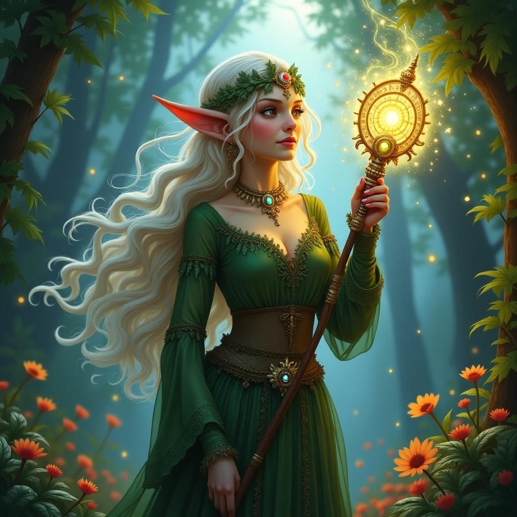 In a mystical forest filled with vibrant flowers and soft, enchanted light, a beautiful elf stands gracefully. She has long, flowing white hair and is adorned with a delicate crown made of leaves and flowers. Dressed in an elegant green gown, she holds a magical staff that glows with a warm, golden light. The atmosphere is serene, surrounded by lush greenery and the presence of magic. A sense of adventure and mystery permeates the scene, inviting viewers to imagine a fantastic tale.