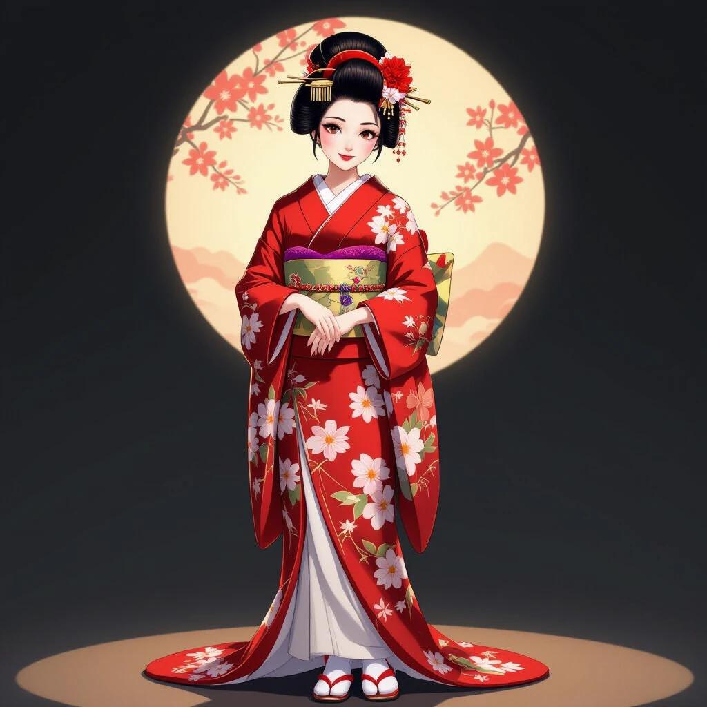 Realistic style of a girl in a traditional Japanese geisha outfit featuring a red kimono with floral patterns. She wears white tabi socks. The girl has a charming posture with a slight head tilt and a confident, playful expression. Her gaze is soft. The hairstyle is refined with an okobo hair accessory and subtle makeup. The stance is elegant yet relaxed. The background is dark, with warm lighting and detailed textures, creating a high-quality art piece in 8k resolution.