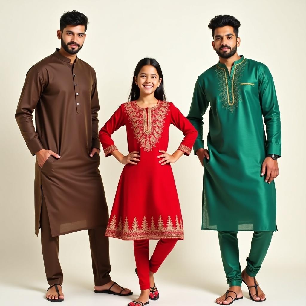 The image features three models showcasing a variety of outfits suitable for an apparel website. On the left, a male model is wearing a stylish brown kurta-pajama set. In the center, a young girl is dressed in a beautiful red ethnic dress, adorned with golden embroidery. On the right, another male model sports a trendy green kurta with a modern twist. The setting is minimalistic, allowing the vibrant clothing to stand out. This composition highlights fashion diversity for men, women, and children.