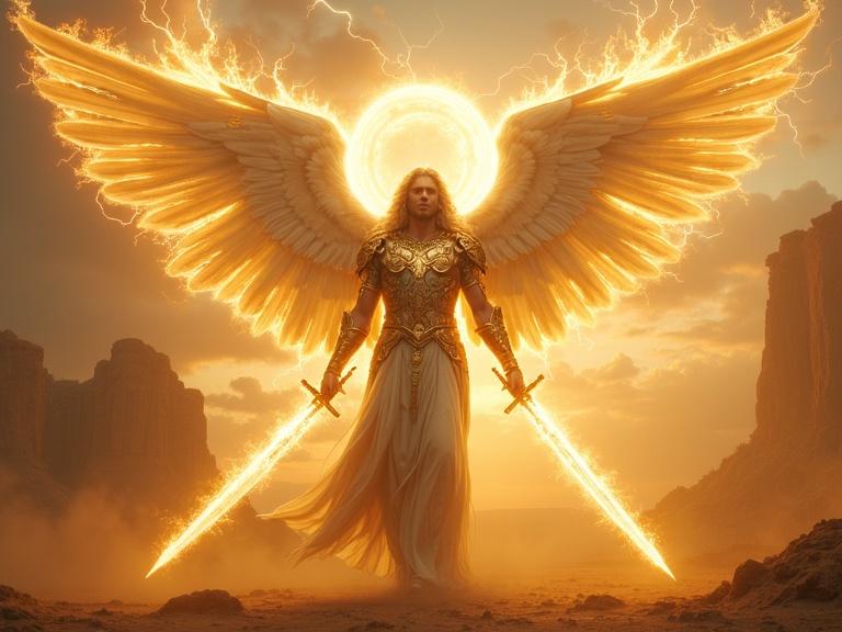 Surreal portrait depicts Archangel Michael as a towering celestial warrior. Character features radiant golden skin, shimmering silver hair, blazing eyes, and enormous white-gold wings. Dressed in divine armor with luminous runes, carries a flaming sword of judgment. A halo of swirling seraphim crowns his head, surrounded by lightning in a vast primordial landscape. First light of creation breaks the horizon under golden hour. Scene includes floating dust and radiant sun rays. Captured with DSLR and anamorphic lens using wide angle shot and symmetrical framing. Desaturated warm colors with cinematic grading and dramatic shadows, creating a dreamlike atmosphere. Highly detailed masterpiece in 16:9 ratio.