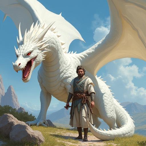 Illustration of a warrior standing beside a majestic white dragon. The scene is set in a vast fantasy landscape with mountains. A sense of adventure and mythical lore is present.