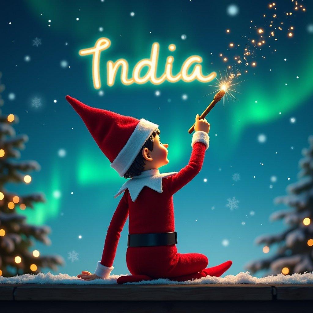 An elf on the shelf faces the sky. The elf uses a wand to write the word India in the sky. The background portrays a magical Christmas scene with northern lights and Santa.