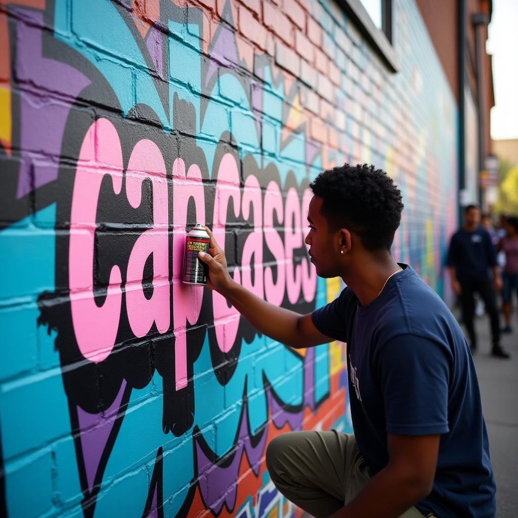 A person spray painting 'rap cases' on a brick wall. The wall features bright graffiti art. This scene captures street art and urban culture, featuring themes of social justice. The artist displays focus and passion. A group of people watches, creating a communal atmosphere.