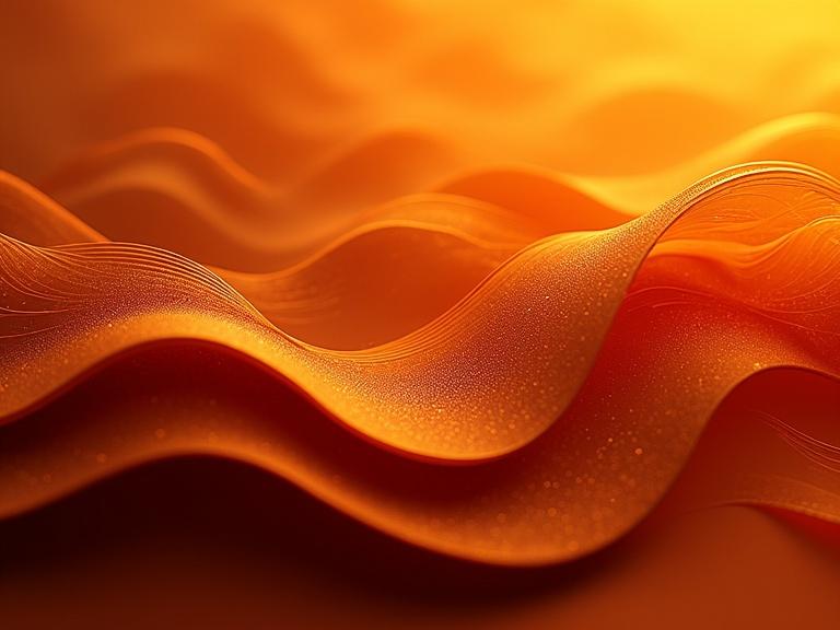 An abstract image resembling music or sound. Dark orange color predominates. Features swishes and geometric patterns. Depth and shadow enhance visual interest.