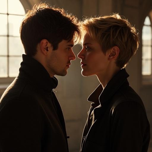 Couple captured in profile with dramatic lighting. Intimate moment shared between individuals. Focus on the facial features and expression. Warm color tones enhance the emotional atmosphere.