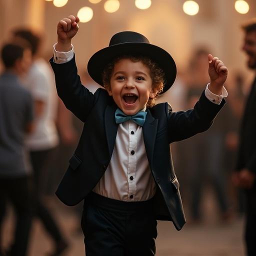 A happy boy from the Hasidic Jewish community dancing joyfully. He wears a formal suit and a hat, conveying a sense of celebration and joy.