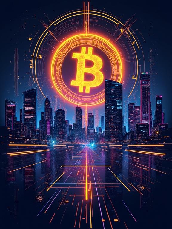 Design a bold futuristic t-shirt graphic featuring a glowing golden Bitcoin symbol at the center of a cyberpunk city skyline at night. Surround it with digital circuits neon lights and holographic data streams. Include subtle references to decentralization such as broken chains or peer-to-peer nodes. The design should blend tech aesthetics with streetwear style using vibrant electric blues neon purples and gold highlights on a dark background. Make it edgy modern and NFT-inspired perfect for crypto enthusiasts and urban fashion lovers.