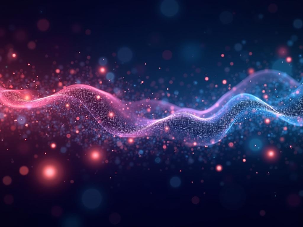 Visually striking background with moving particles and interconnected blockchain nodes. Flowing visuals of an AI neural network suggest technology and innovation. Use vibrant colors and smooth animations to show movement and connectivity.