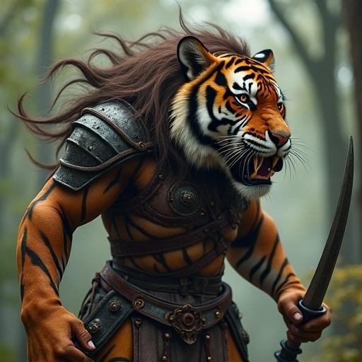 Image of a female tiger-human hybrid. Dark brown flowing hair with orange and black stripes. Features claws, long tail, and muzzle. Wearing intricately designed iron armor. Fierce expression showing sharp teeth and intense eyes. Background is a blurred forest scene.