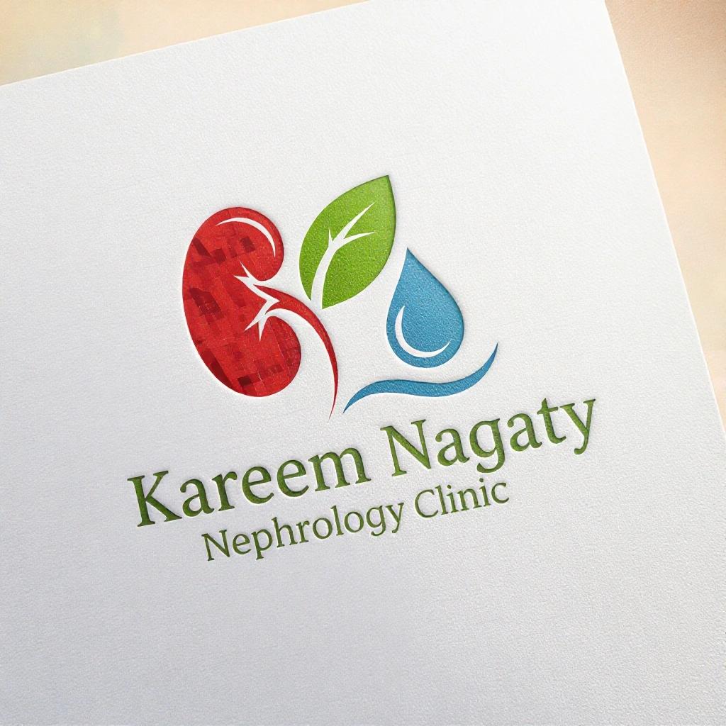 Design a nephrology clinic logo featuring a kidney, a green leaf, and a water drop. Include the text 'Kareem Nagaty Nephrology Clinic' beside the logo on a white background.