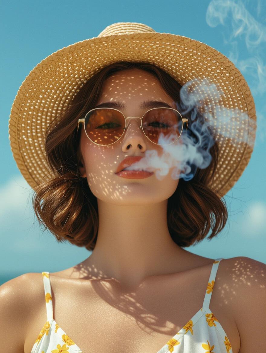 Photo captures a woman exuding vintage summer vibes. She wears a straw hat and floral dress. Soft smoke curls around her. Sunny backdrop enhances the carefree mood. An artistic representation of summer relaxation.