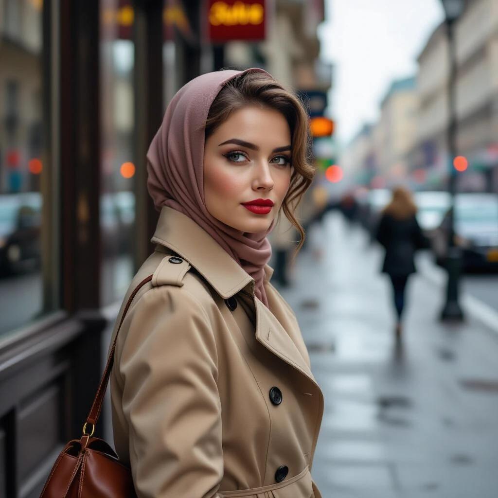 A woman walks on a wet sidewalk in Moscow. She wears a beige trench coat and a headscarf. Her expression blends melancholy with defiance. The background shows a moving tram and Soviet architecture. Wind lifts her scarf.
