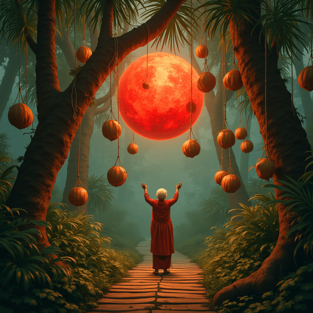 A serene forest scene with a person standing before a glowing orange-red orb amidst hanging lanterns.