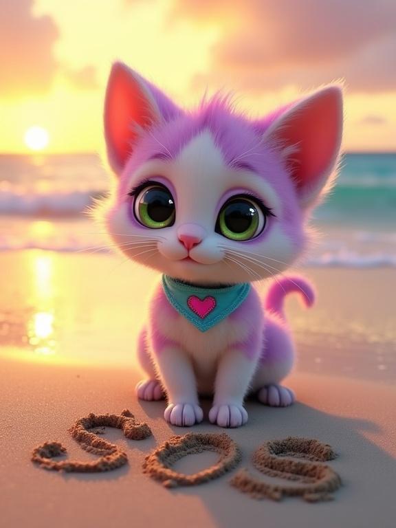 High angle view of a tropical beach at sunrise. A small fluffy anthropomorphic kitten with pastel pink and lavender fur and a creamy white belly. The kitten has large expressive green eyes and an oversized Pixar-style head. It has soft rounded features, tiny paws, perky ears, and a light blue bandana with a stitched pink heart. The kitten is finishing a large SOS message dug into the wet sand near the water's edge. The scene appears intelligent and hopeful with Pixar-style charm.