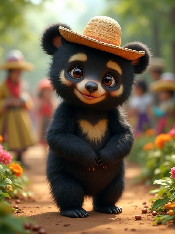 Cute baby spectacled bear stands on a path. The bear has fuzzy black fur and cream-colored markings around the eyes. It wears a tiny ruana and a sombrero vueltiao. The environment is bright and colorful with flowers and coffee plants. People in traditional Colombian outfits are enjoying a festival in the background.