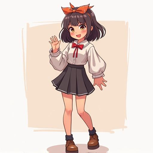 Anime girl character designed as a preschool teacher. Girl has a fashionable outfit. Charismatic expression. Cute hairstyle with a bow. Young and playful appearance. Standing pose.
