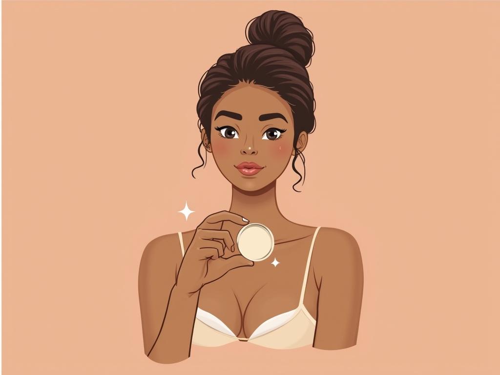 Transform the graphic instruction into a hyper-realistic image. Depict a person with a natural skin tone and soft, realistic hair texture, demonstrating the action of placing a circular object gently over the nipple and areola. Ensure that the details of the skin, the texture of the object, and the gentle smoothing motion are visibly clear. The background should retain a soft, warm color to maintain a soothing atmosphere, with clear emphasis on the guiding action in a life-like representation.