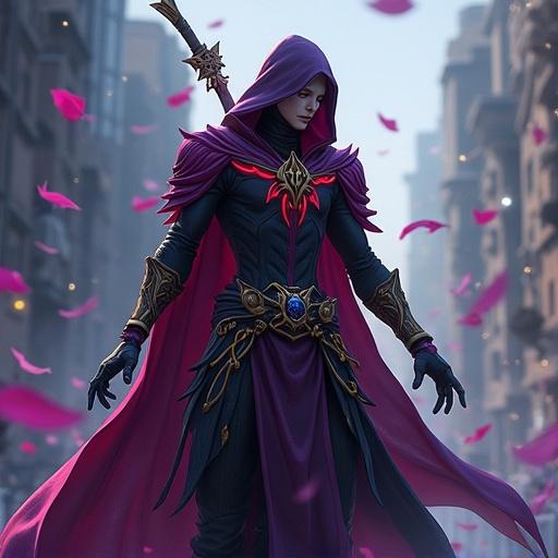 Jhin, a mystical character from League of Legends, stands in an urban setting surrounded by falling petals. He showcases a confident posture with a dramatic cloak and golden accessories.