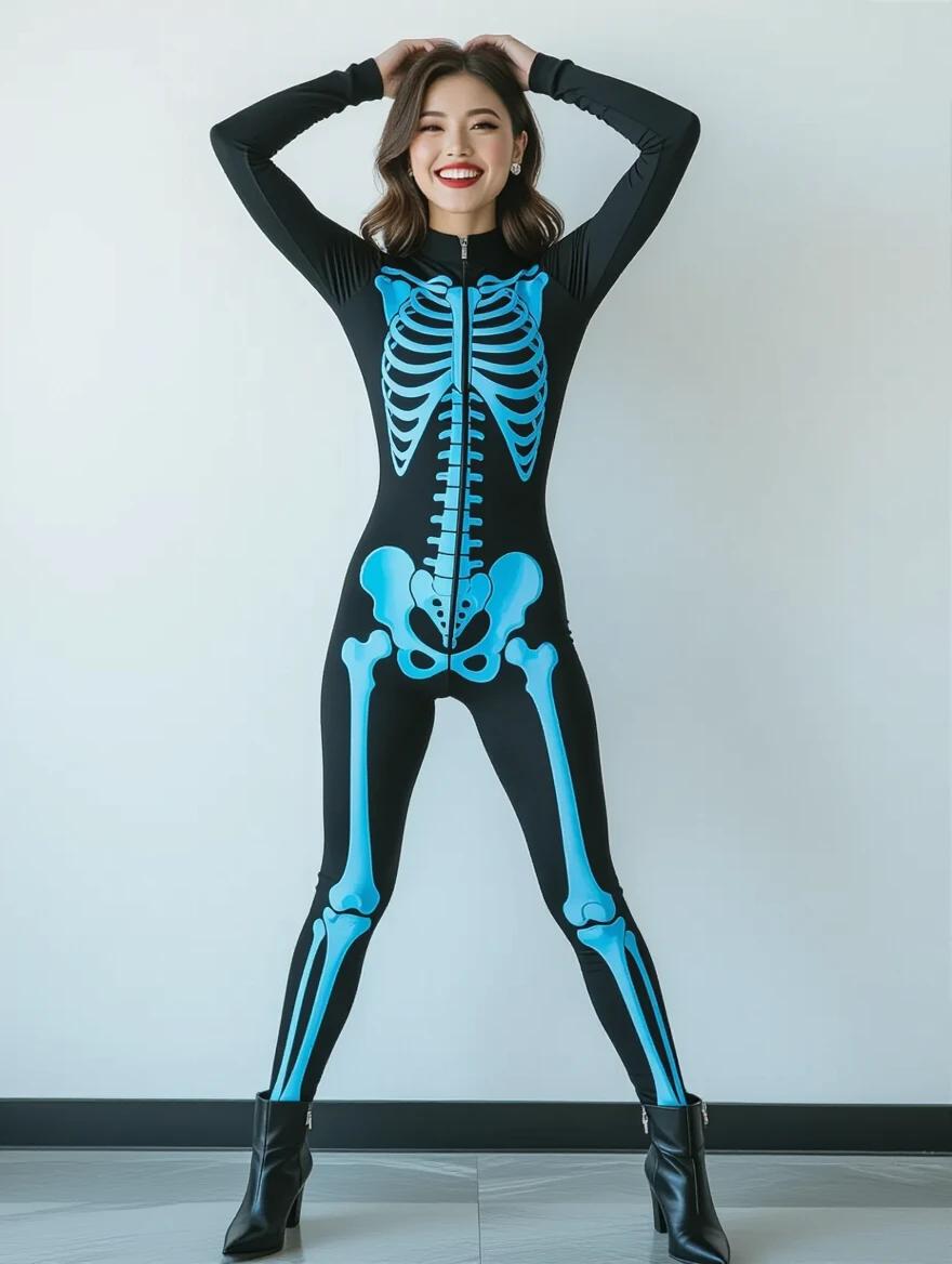 Photograph features a woman standing against a plain white background. She wears a full-body bodysuit with a skeleton design. The skeleton design is bright blue and white on a black background. The suit includes ribcage and vertebrae details. The woman smiles with red lipstick. Her arms are raised above her head with hands clasped. Legs are slightly apart and she wears black high-heeled ankle boots. The bodysuit has a zipper down the front. The pose is confident and playful. The lighting is bright and even. The image quality is clean and sharp. The bodysuit fits closely to her body, showcasing her curves. The skeleton pattern is bold and striking. The style is fun and festive. The woman's expression is cheerful and engaging. The background is plain and empty.