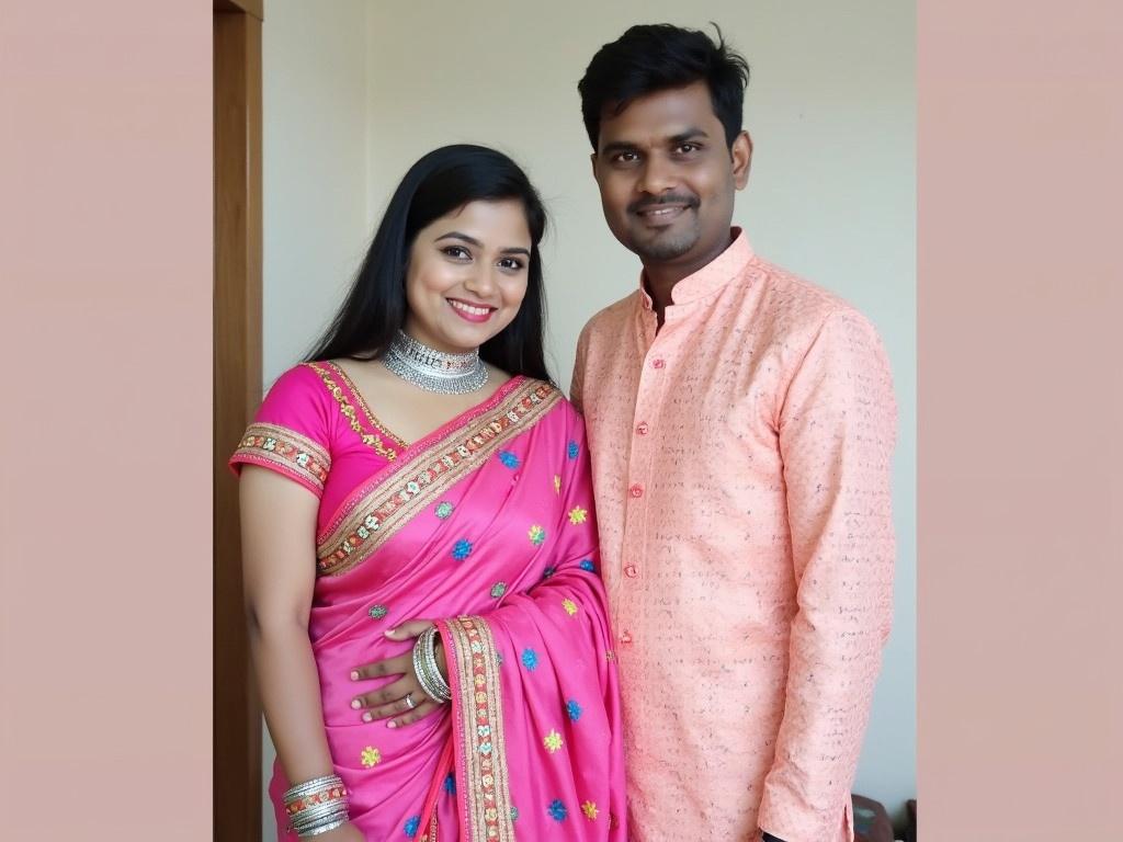 A young couple stands together for a photo in a simple indoor setting. They are both dressed in traditional attire. The woman is wearing a pink saree with colorful embroidery and intricate details, showcasing vibrant patterns. She has accessorized with silver jewelry, including a choker necklace and bracelets. The man is dressed in a matching pink kurta, characterized by a textured fabric. Both are smiling, with a warm and friendly demeanor, against a plain background.