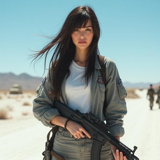 Close-up of a pretty female soldier in a grey military jacket and white t-shirt. Dark long hair flows in the wind. She stands in a white desert under a sunny blue sky. A gun is strapped at her side. The image highlights textures and shadows in the environment.