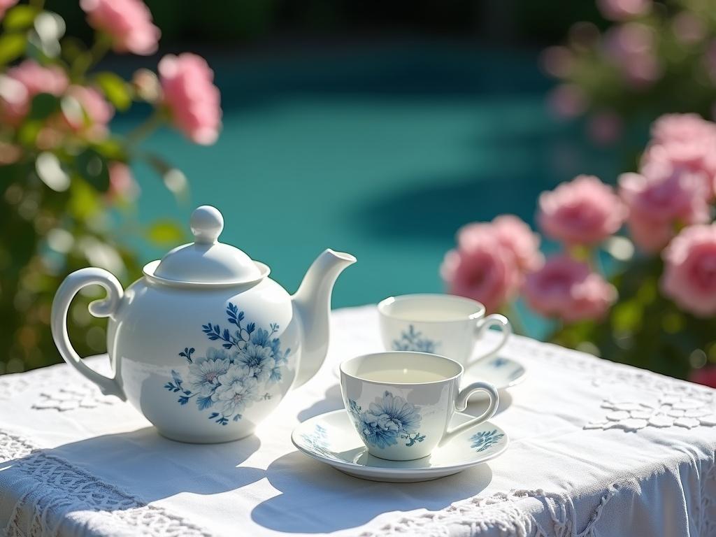 A white china tea set with light blue rose patterns. The set includes a teapot and two teacups. The items are placed on a white lace tablecloth on a table. Surrounding the table are blooming pink roses and a blue pond is in the background. The setting is under bright sunlight creating a cheerful atmosphere.