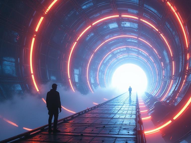 A lone figure on a suspended walkway surrounded by a spiraling futuristic structure. Glowing rings of energy twist into a bright portal. Scene evokes digital synesthesia with light and motion. Architecture resembles a cosmic memory circuit. Figure's silhouette contrasts against radiant backdrop. Dominant colors are deep blues, magentas, oranges, and luminous whites. Highly detailed, cinematic semi-abstract style with dynamic perspective.