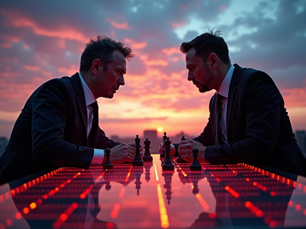 High-stakes chess duel between two corporate leaders under a dramatic sunset. Chessboard glows with red and blue colors, symbolizing tech empires. Tense expressions of players as they strategize. Overlay text reads 'YOU DECIDE'. Sharp shadows and spotlight on chess pieces create a cinematic look. Scene reflects tension of an election night.