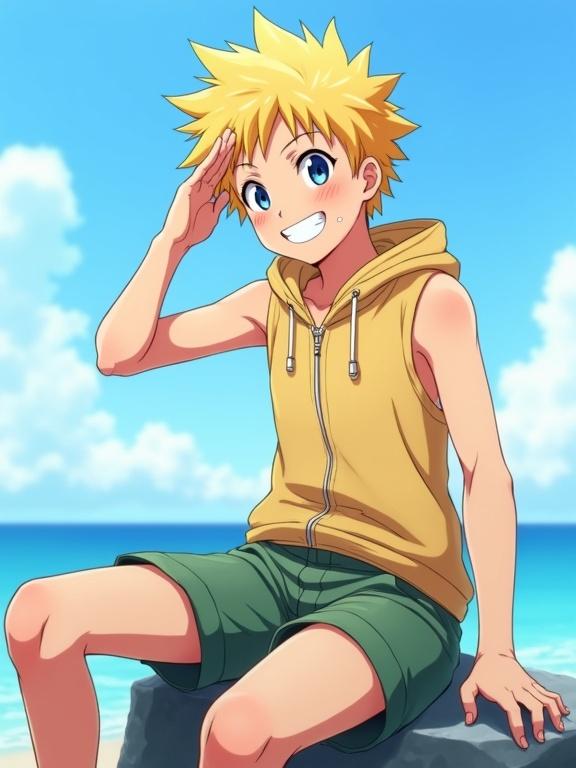 A lively 13-year-old boy with a bright smile. He wears a sleeveless hoodie unzipped. His healthy waist and slightly visible abs are showing. His hair is gold. He sits on a rock in a salute pose. Background features blue sky and sea. The style is anime.