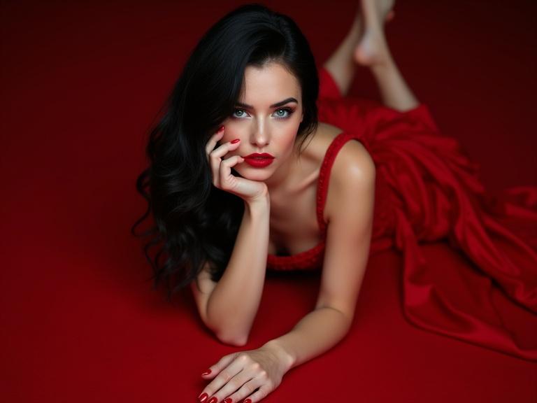 A model with black hair and blue eyes poses in a stunning red dress on a red carpet. Barefoot with red toenails. She has red lips and is lying down, showcasing hands and feet with ten fingers and toes clearly visible.