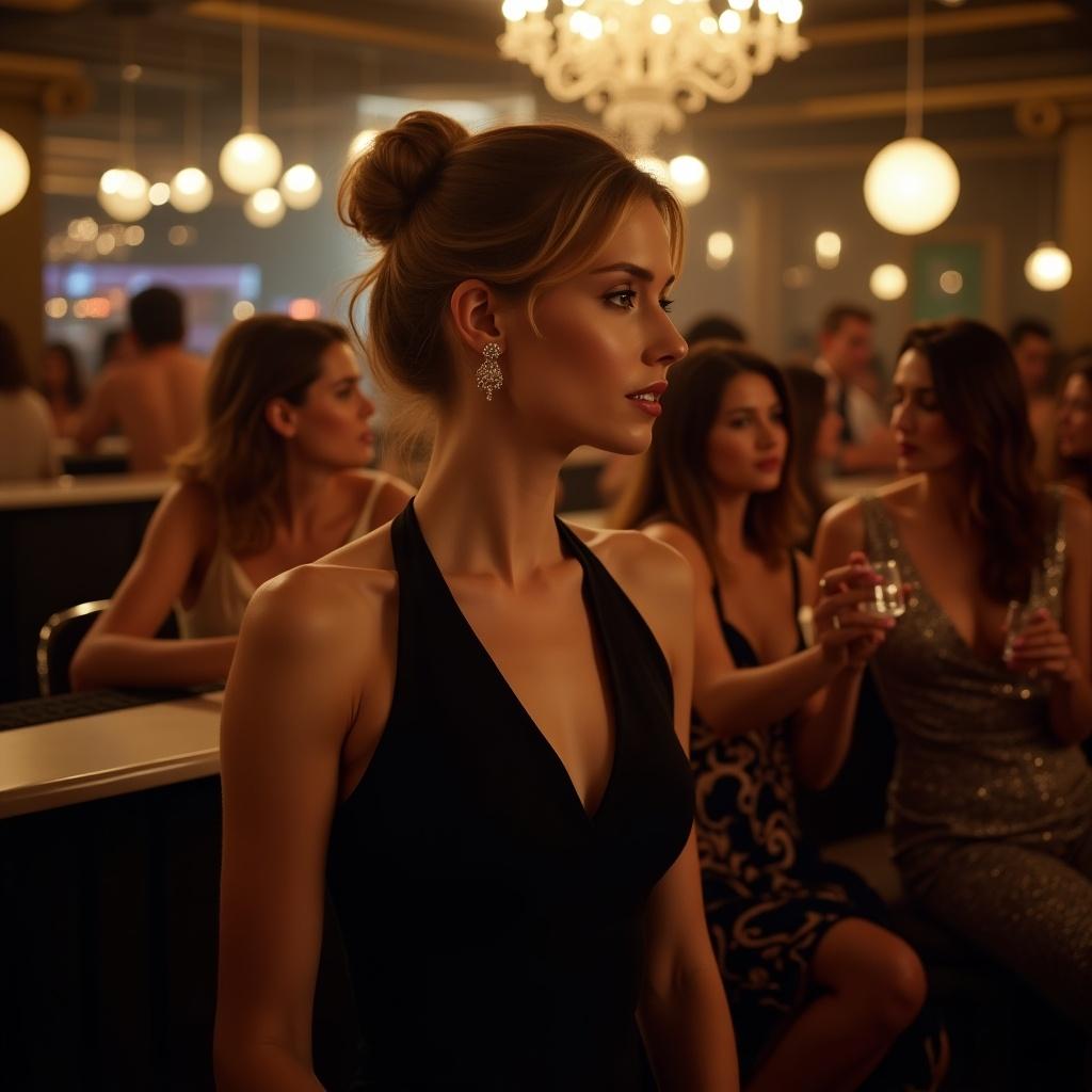 A woman in a black dress sits elegantly at the bar. Other women and patrons socialize. The atmosphere is lively and intimate.