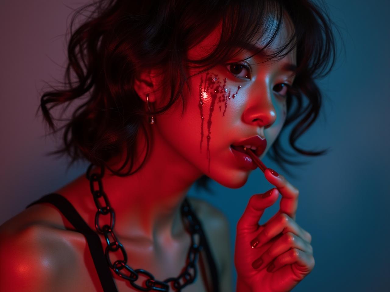 This image features a dramatic portrait of a person with intense lighting that highlights their facial features. The paint is running down their face, creating an artistic and emotional effect. The model is holding a vape with a chain necklace that has the word 'katty.' The striking red and blue colors contribute to the overall mood. The pose emphasizes the facial expression, evoking a sense of intrigue and artistry.