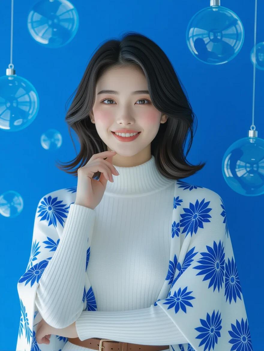 A slender 18-year-old Japanese female model looks into the camera. She has fair rosy skin with shoulder-length black hair slightly curled inward. Her eyes are bright and dark with a lovely smile. She wears a modern layered long-sleeved white top with a belt and a short patterned cape while one hand gently touches her chin. A bright royal blue background features several large curved glass ornaments floating. The lighting is overly bright. Ultra-wide angle shot.