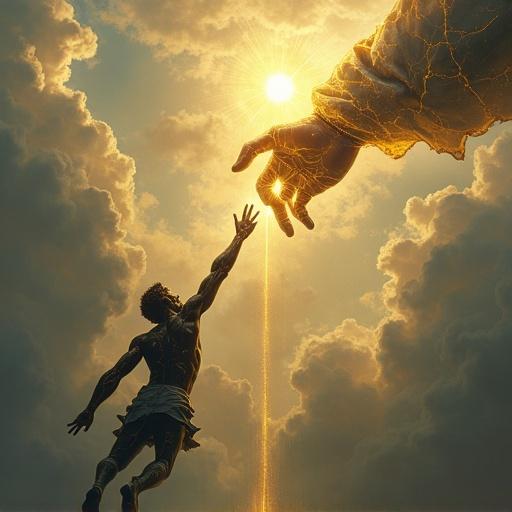 Surreal artwork depicting a man falling through the sky. Body dark like stone. Hand stretches to a descending divine hand glowing like the sun. Golden seams on the divine hand. Fingertips touch, golden light pours into the man. Darkened body regains color. Sky features ethereal clouds. Style is painterly and high contrast.