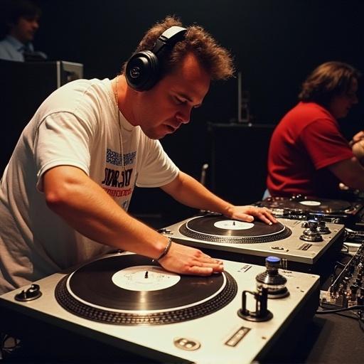DJ performs using two turntables at the 1992 Ortofon World DJ Mixing Championships. Hands are positioned on turntables. Mixer is evident on the right. DJ engages in rapid turntable tricks. The focus is on the dexterity of mixing.