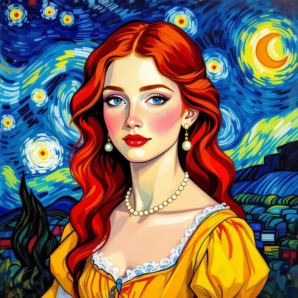 Generate a famous painting in Van Gogh style featuring a woman with red hair in a yellow dress. The background includes swirling stars and bright colors. The woman's face is expressive and captivating.
